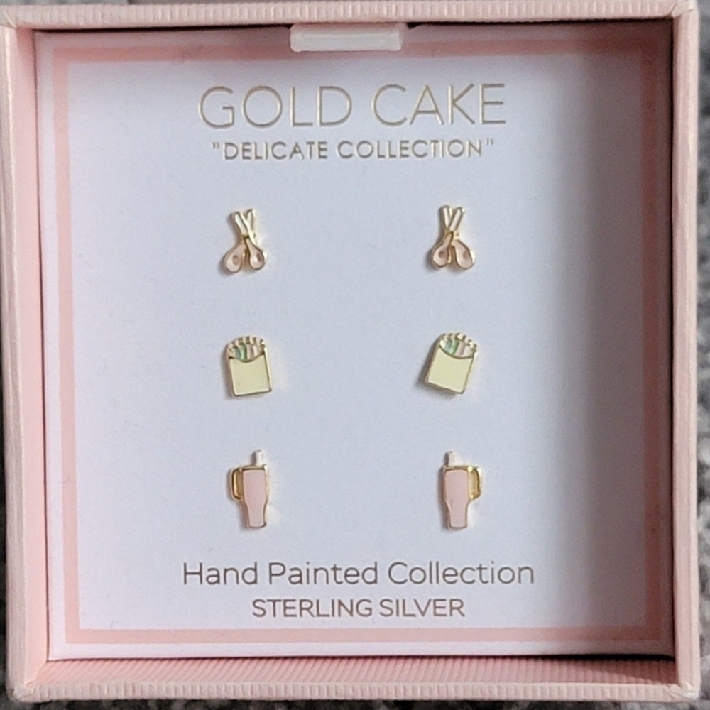 GOLD CAKE Sterling Silver Stud Earrings, 3Pairs - Picture 2 of 3